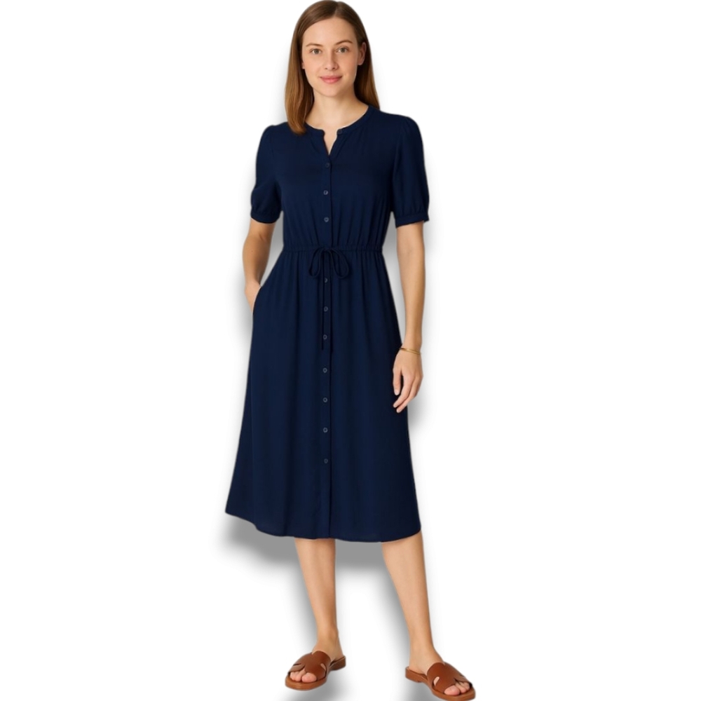 Women Button Up Drawstring Midi Pockets Dress